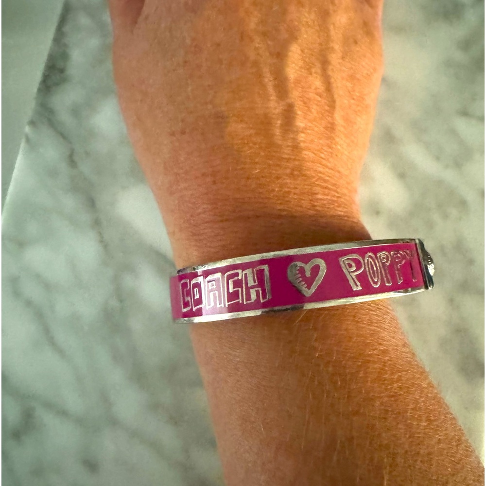 Coach Logo Magenta/Silver Enamel Poppy Bangle Bracelet